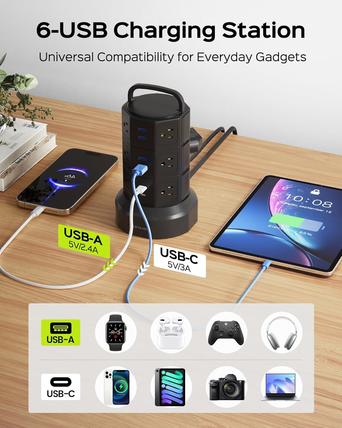 Power Strip Tower Surge Protector,  1625W 13A Outlet Surge Electric Tower, 12 Outlets 6 USB Ports Charging Station with 16AWG 6.5Ft Heavy Duty Extension Cord for Home Office Dorm Black