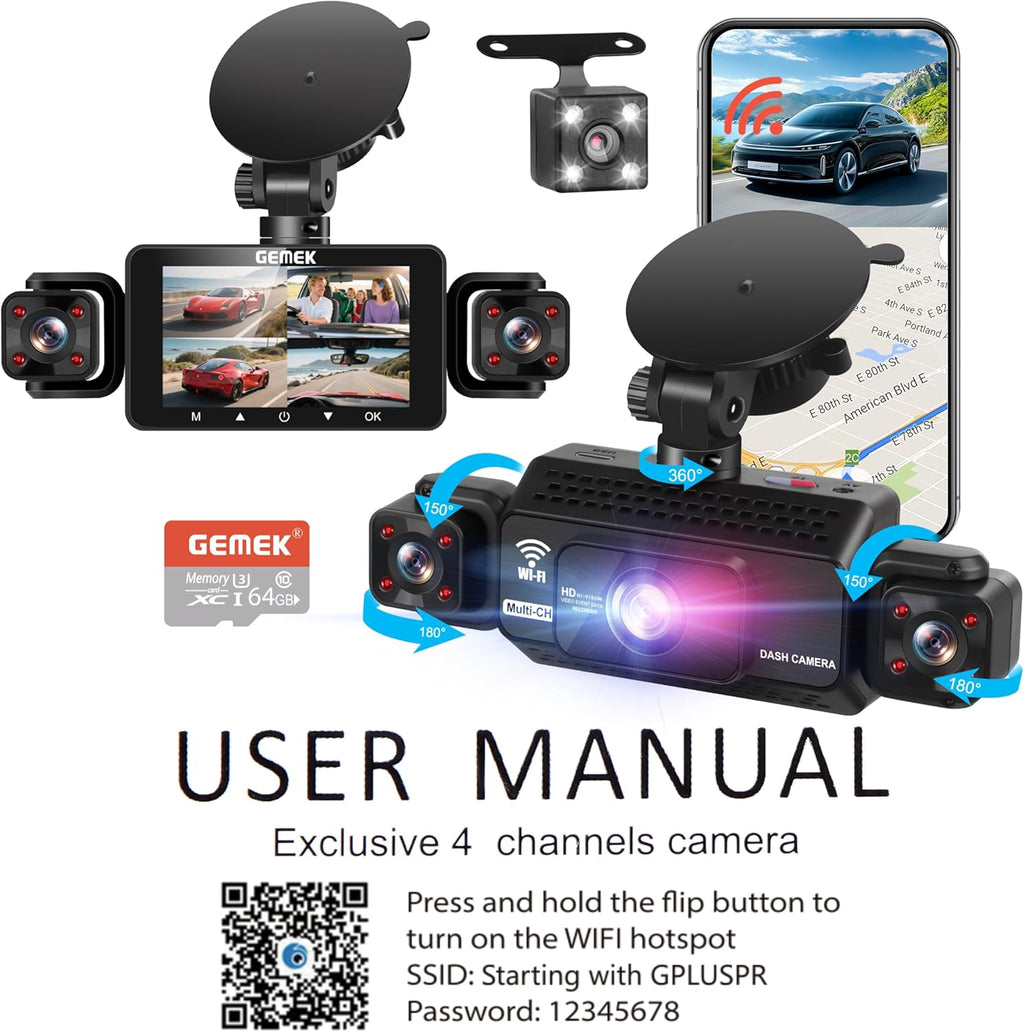 4 Channel Dash Cam 360° View 5G Wifi & APP Control,  2K Front and Rear Inside, Left Right Dash Camera for Cars Free 64GB TF Card, G-Sensor, Night Vision, 24H Parking Mode