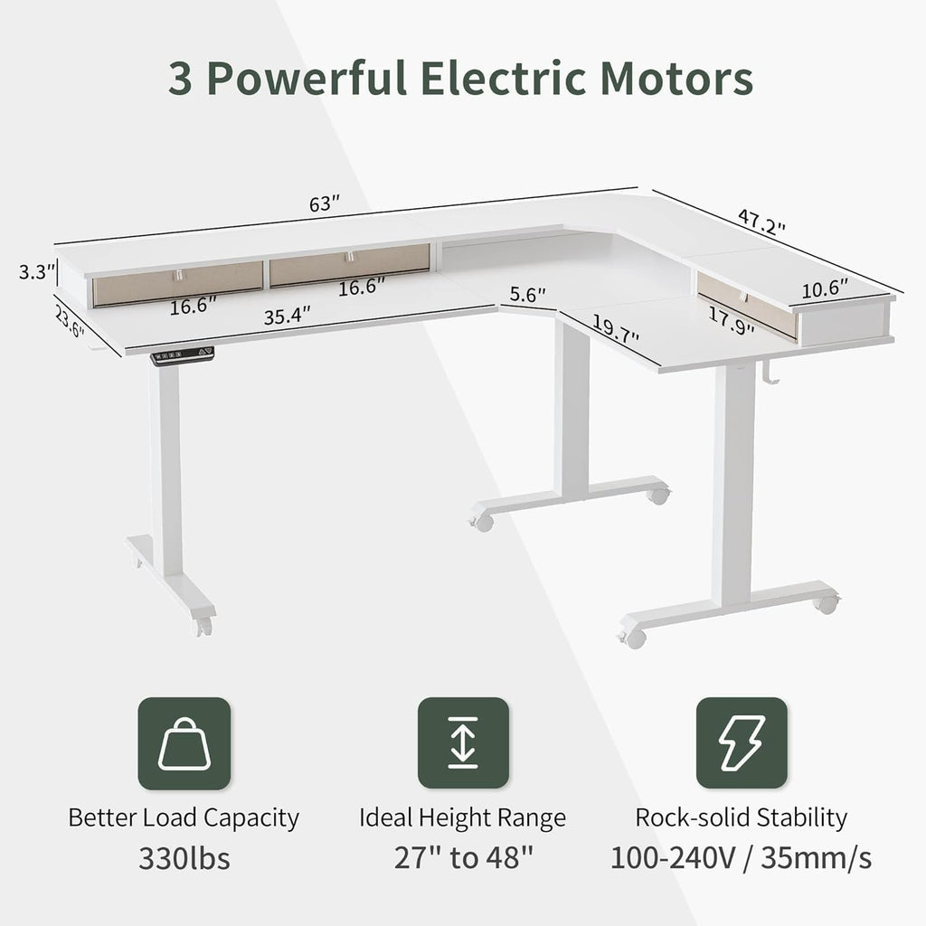 63" Triple Motor L Shaped Standing Desk with 3 Drawers, 330LBS Electric Standing Gaming Office Desk L Shape, Pure White