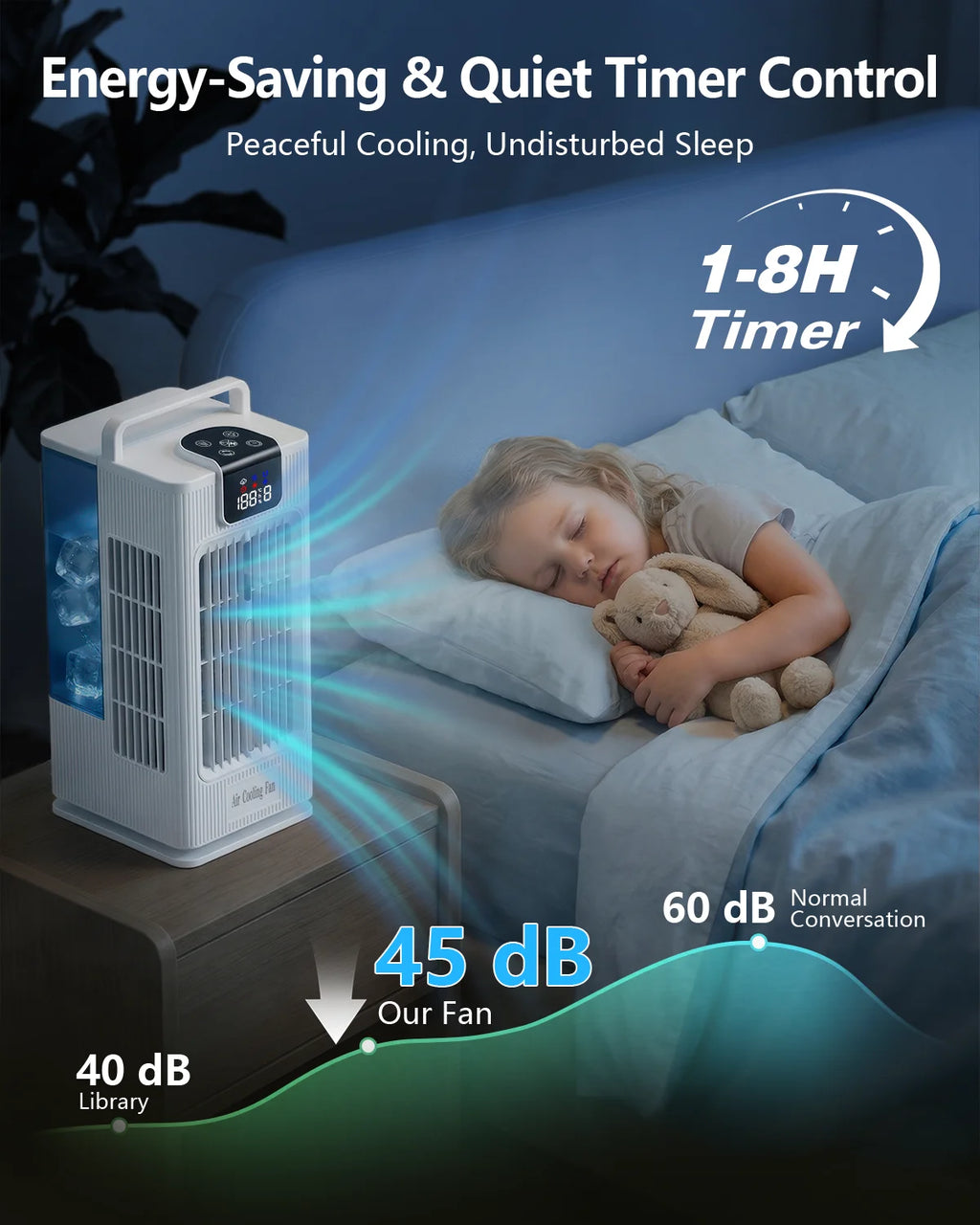 Air cooler, LED display, 4 wind levels, 3 spray levels, 2 litre water tank, 120 ° wide angle outlet, LED lighting, timer (1-8 hours), low noise touch operation, portable White