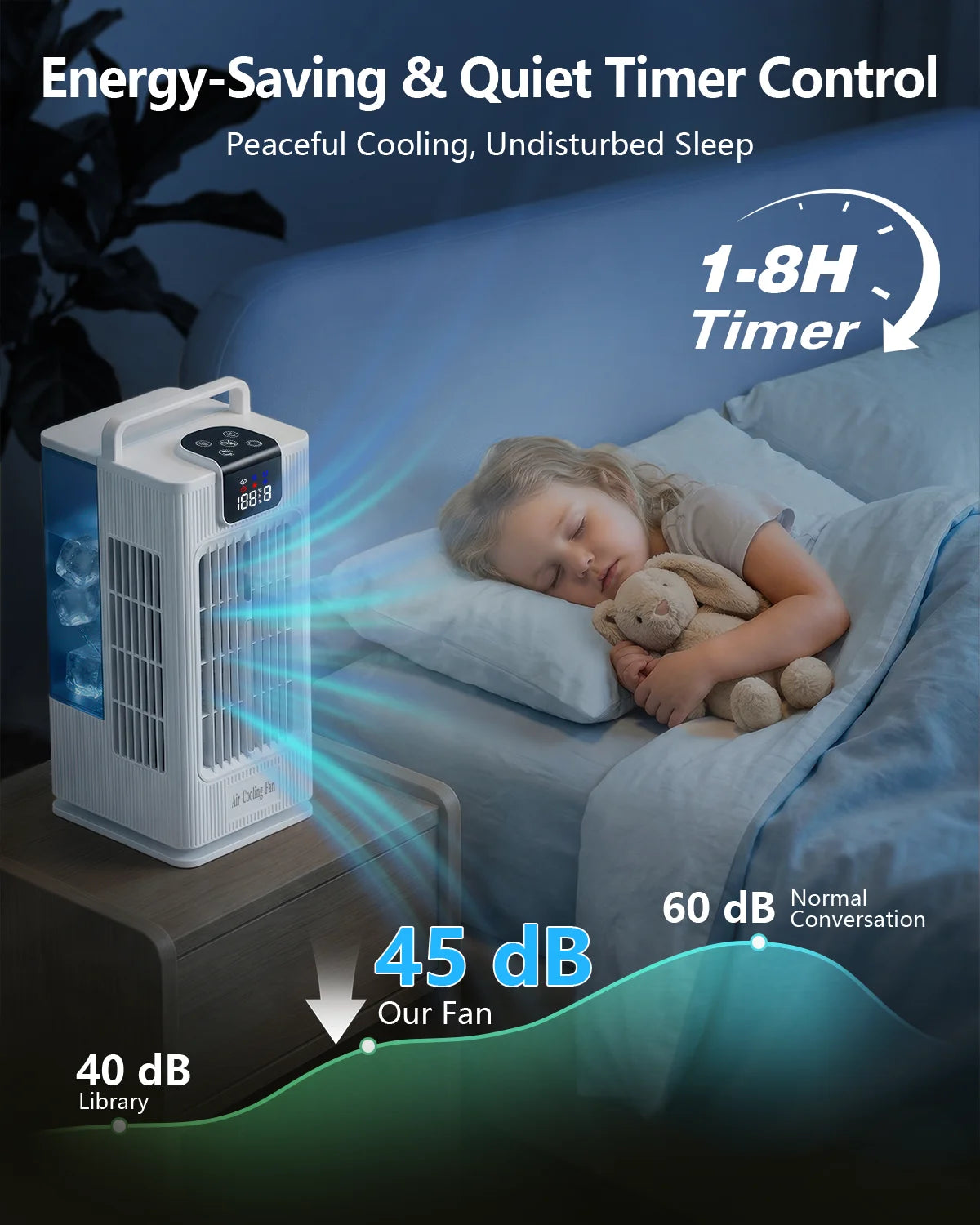 Air cooler, LED display, 4 wind levels, 3 spray levels, 2 litre water tank, 120 ° wide angle outlet, LED lighting, timer (1-8 hours), low noise touch operation, portable White