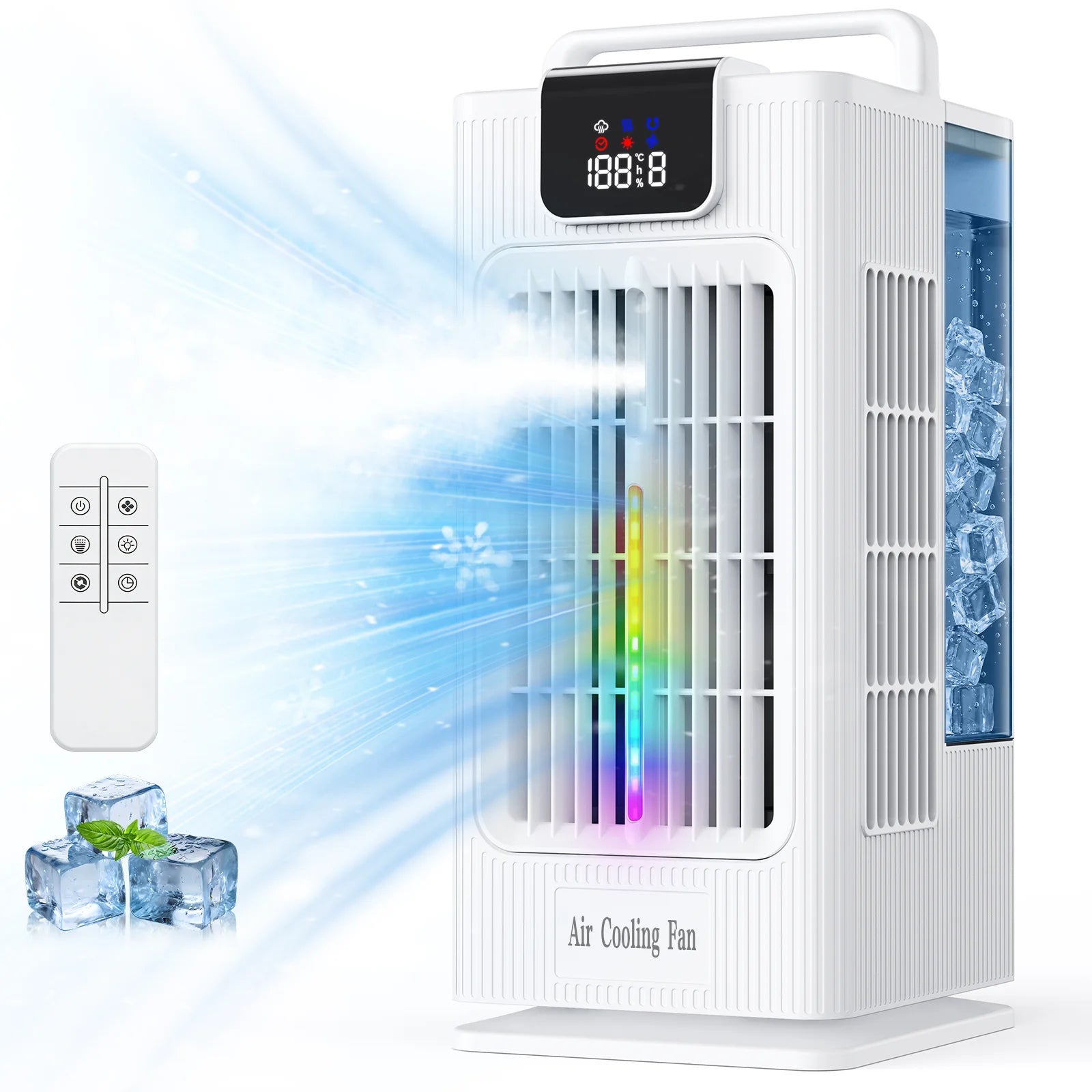 Air cooler, LED display, 4 wind levels, 3 spray levels, 2 litre water tank, 120 ° wide angle outlet, LED lighting, timer (1-8 hours), low noise touch operation, portable White