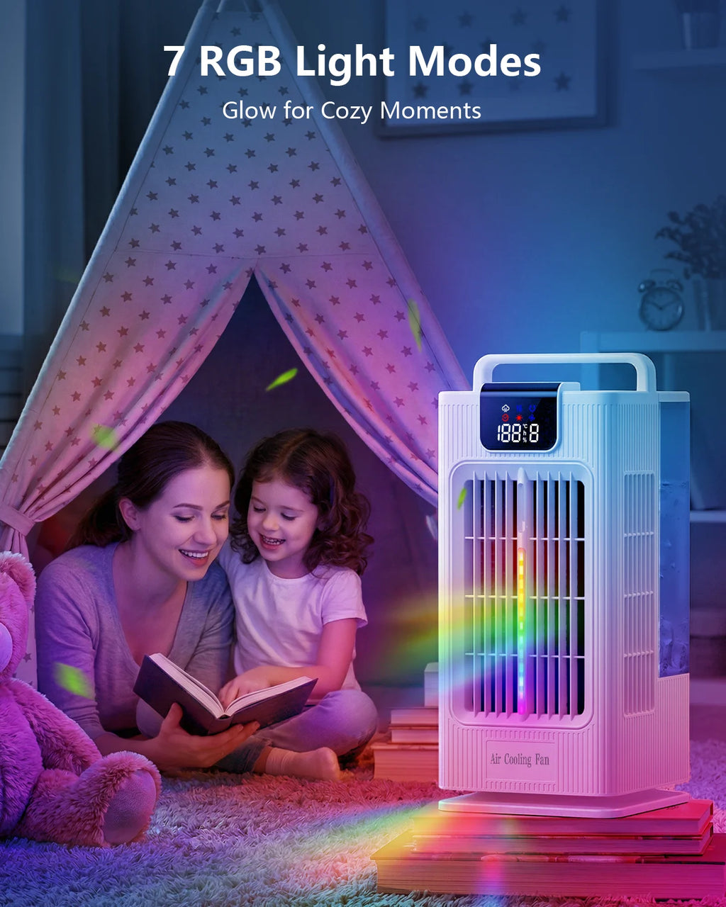 Air cooler, LED display, 4 wind levels, 3 spray levels, 2 litre water tank, 120 ° wide angle outlet, LED lighting, timer (1-8 hours), low noise touch operation, portable White