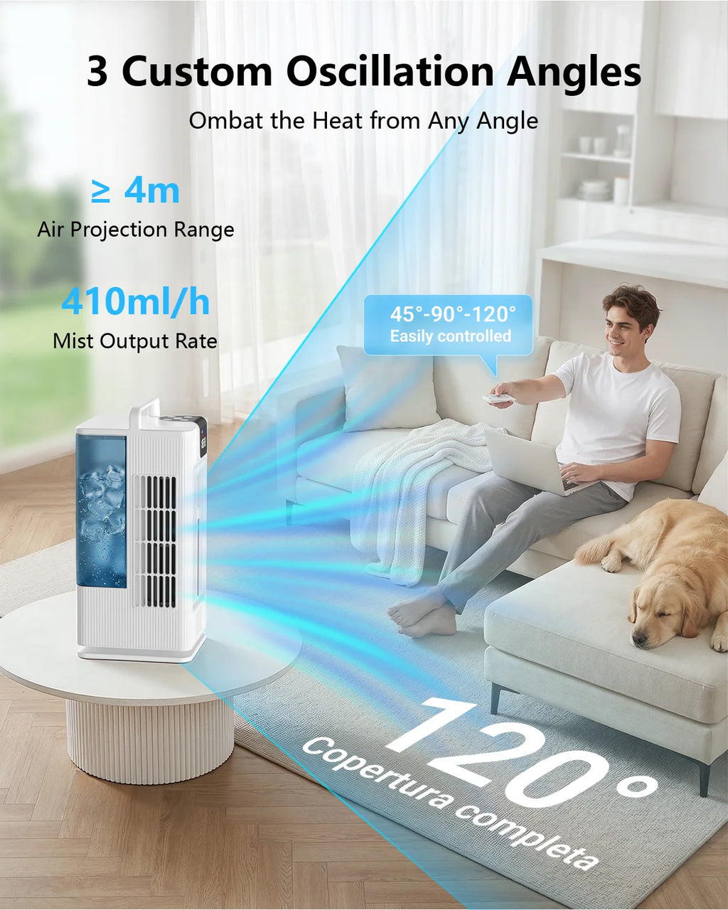 Air cooler, LED display, 4 wind levels, 3 spray levels, 2 litre water tank, 120 ° wide angle outlet, LED lighting, timer (1-8 hours), low noise touch operation, portable White