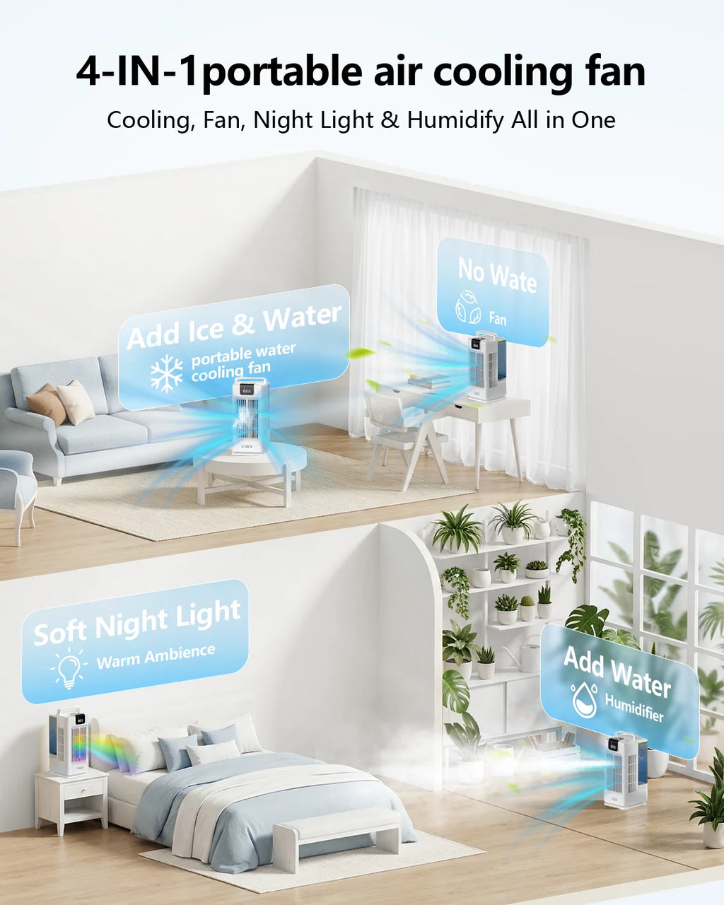 Air cooler, LED display, 4 wind levels, 3 spray levels, 2 litre water tank, 120 ° wide angle outlet, LED lighting, timer (1-8 hours), low noise touch operation, portable White