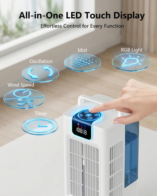 Air cooler, LED display, 4 wind levels, 3 spray levels, 2 litre water tank, 120 ° wide angle outlet, LED lighting, timer (1-8 hours), low noise touch operation, portable White
