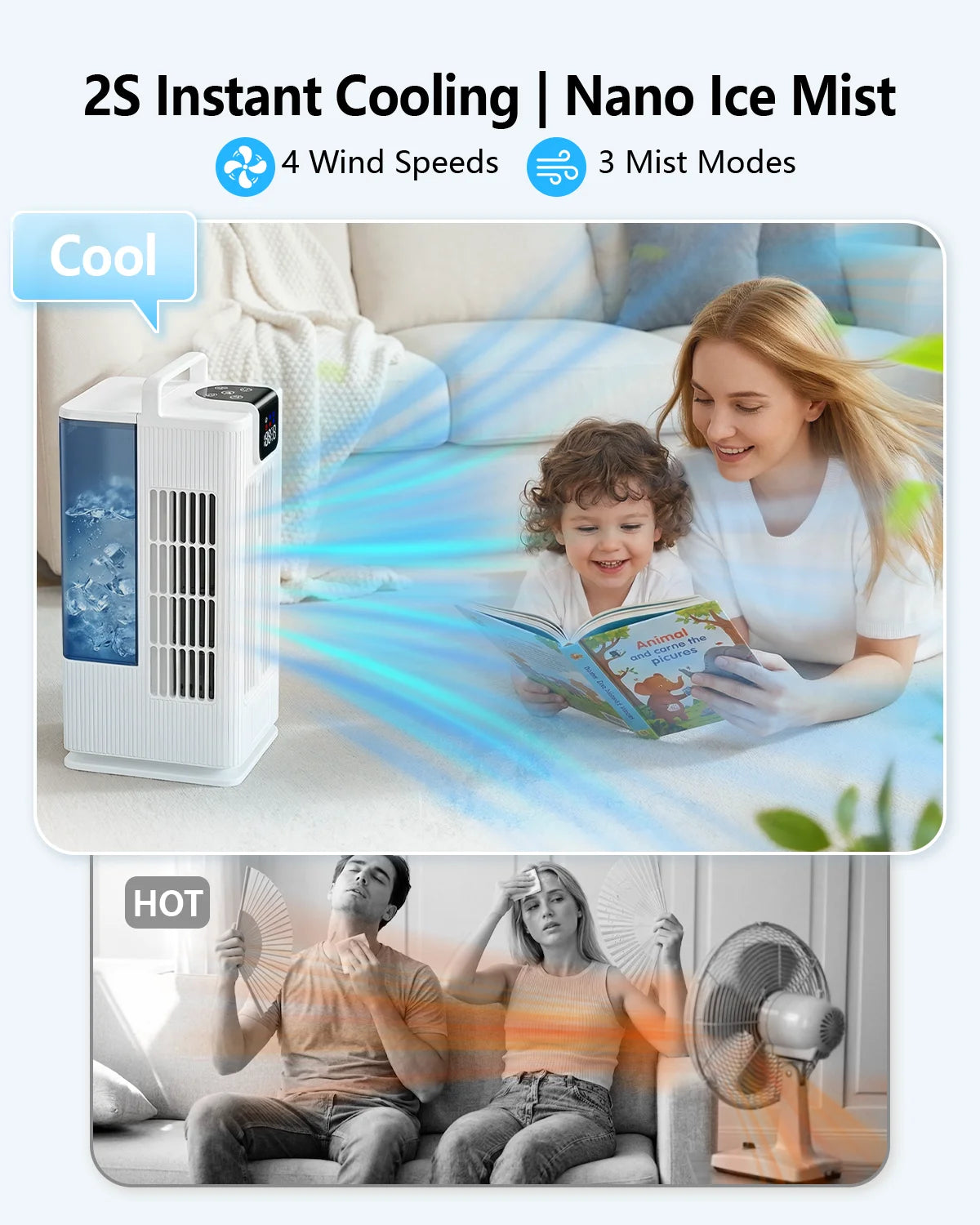 Air cooler, LED display, 4 wind levels, 3 spray levels, 2 litre water tank, 120 ° wide angle outlet, LED lighting, timer (1-8 hours), low noise touch operation, portable White
