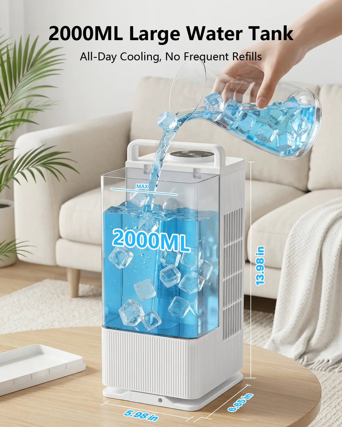 Air cooler, LED display, 4 wind levels, 3 spray levels, 2 litre water tank, 120 ° wide angle outlet, LED lighting, timer (1-8 hours), low noise touch operation, portable White