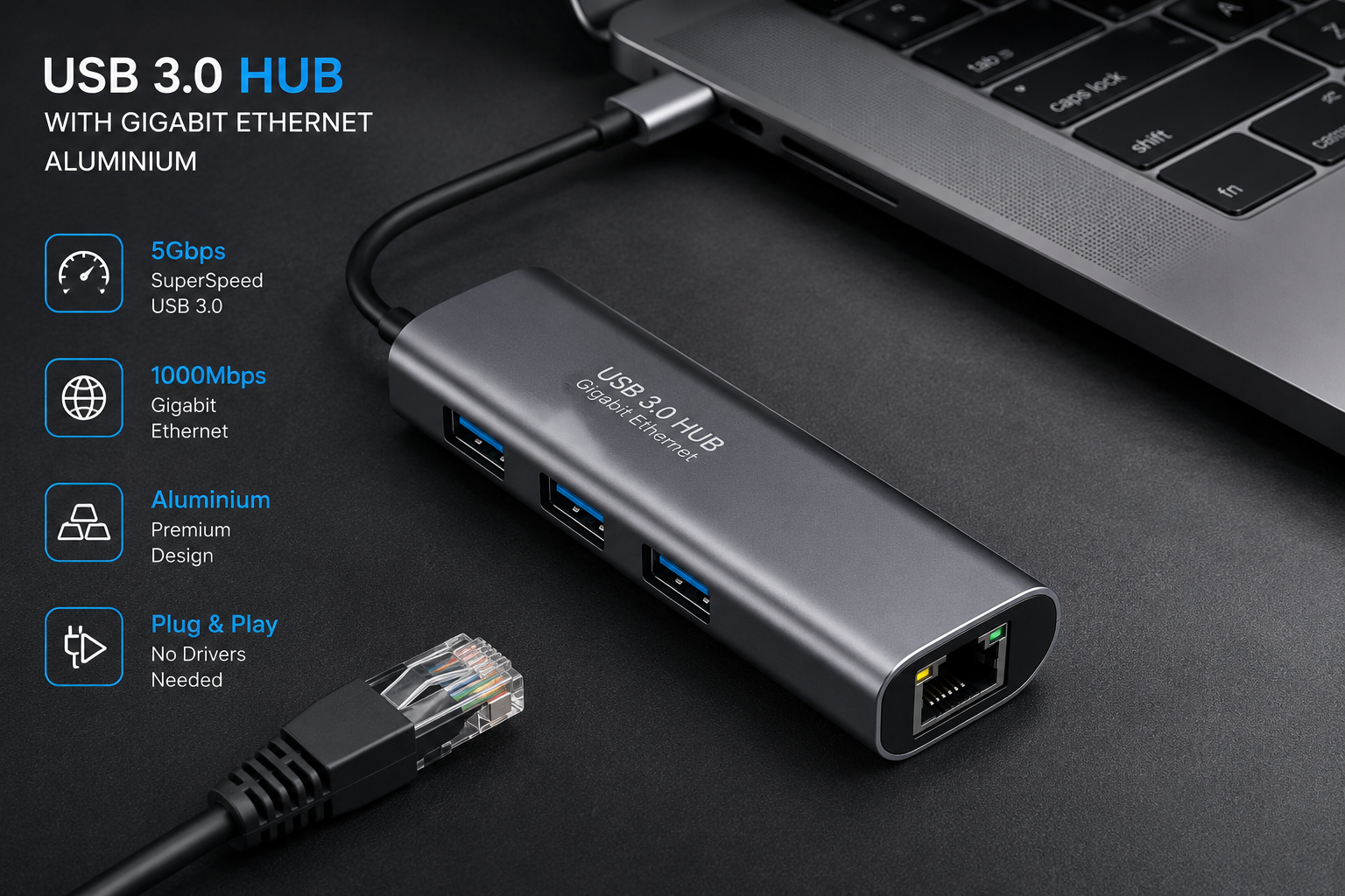 USB-zu-Ethernet-Adapter, 3-Port USB 3.0 Hub, USB 3.0 Ethernet Adapter RJ45 10/100/1000 Mbit/s Gigabit Kompatibel mit Windows PC, Laptop, Macbook Pro, USB-Sticks usw., Aluminium Schwarz