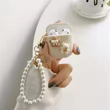 Retro Beige AirPods Case with Keychain – Bear & Cherry Design for Pro 1/2/3