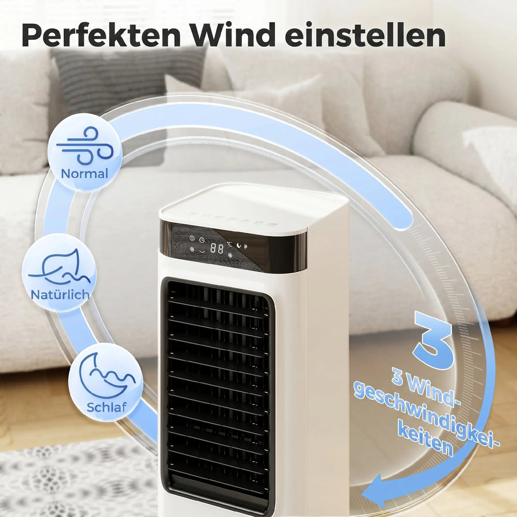 Three-in-one refrigeration, air cooler with fan, evaporative cooler and humidifier, three fan speeds, three modes, 7-liter water tank, 48° rotation function, white