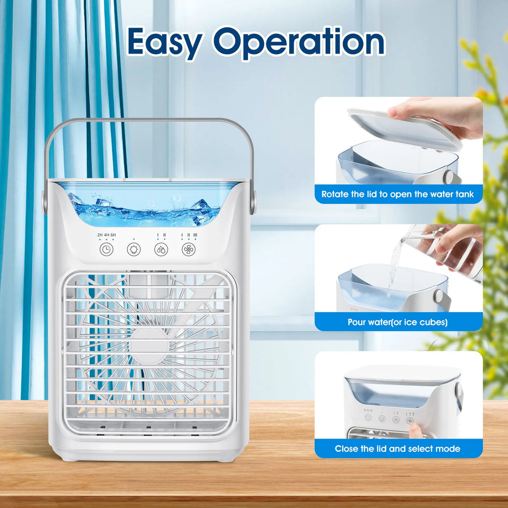 3-in-1 Mini Air Cooler – Fan, Humidifier & LED Night Light with Timer