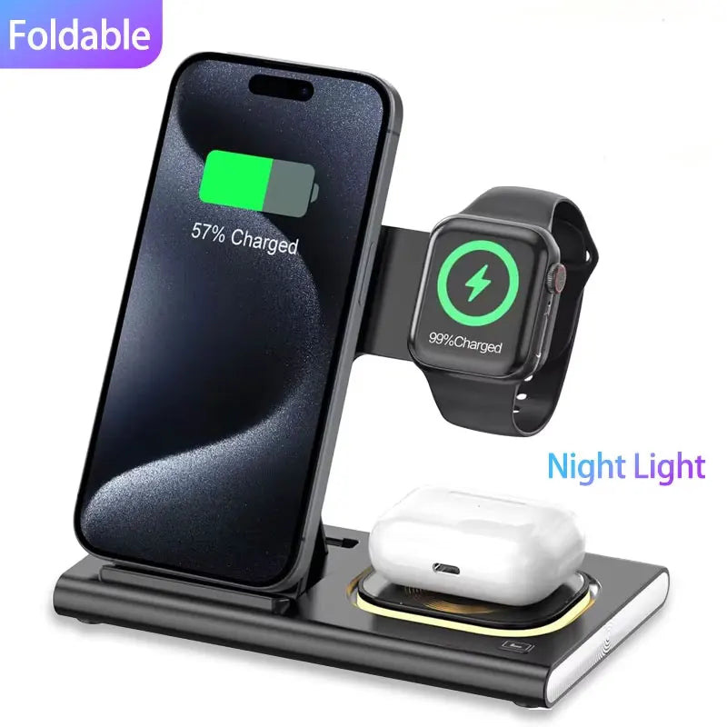 Foldable 3 In 1 Wireless Charger Stand Pad Desktop Fast Charging Station For iPhone 17 16 15 14 13 Samsung Apple Watch Airpods