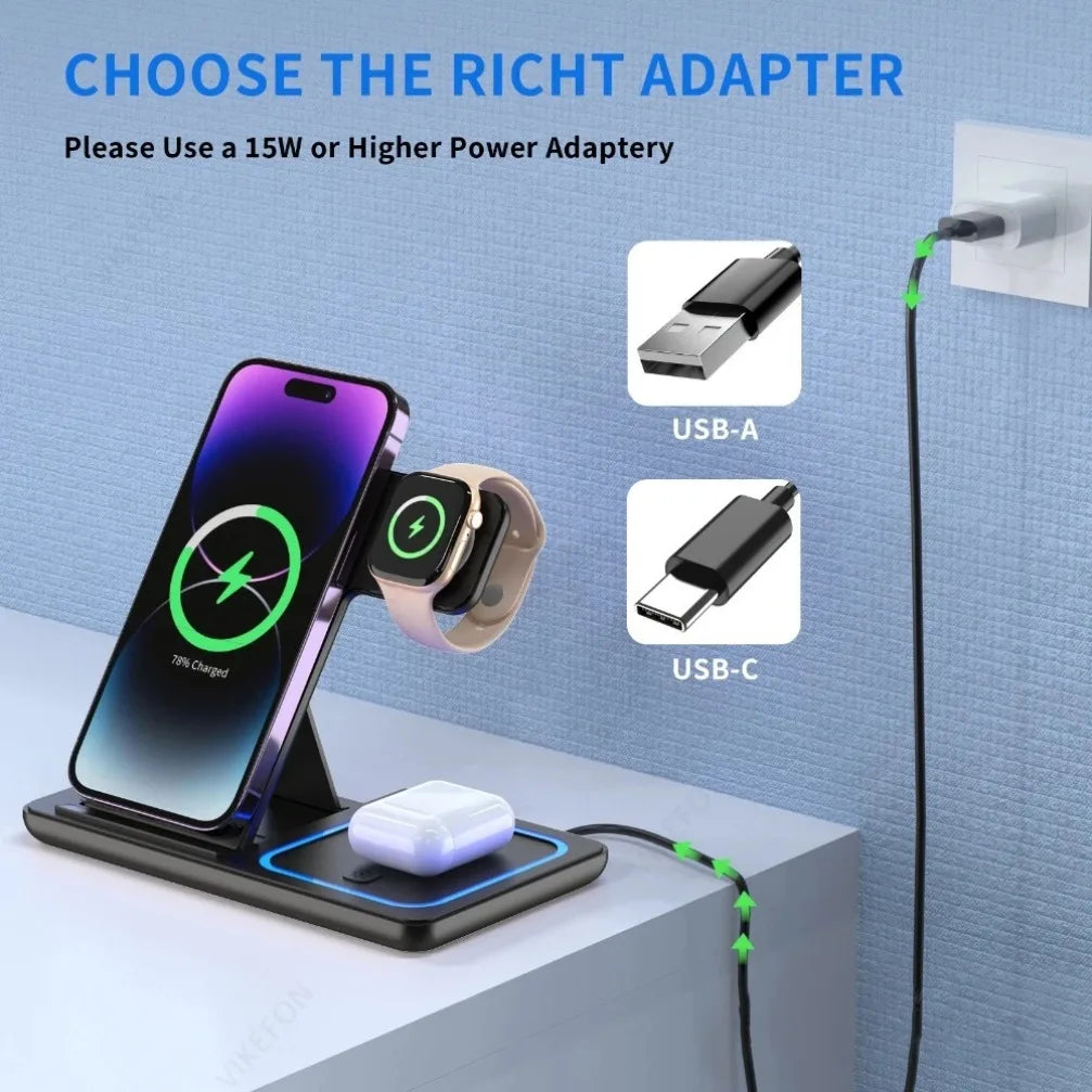 3 in 1 Foldable Wireless Charging Station for iPhone 17 16 15 14 13 12 Pro Max iWatch Ultra Airpods Pro Fast Charger Stand Dock