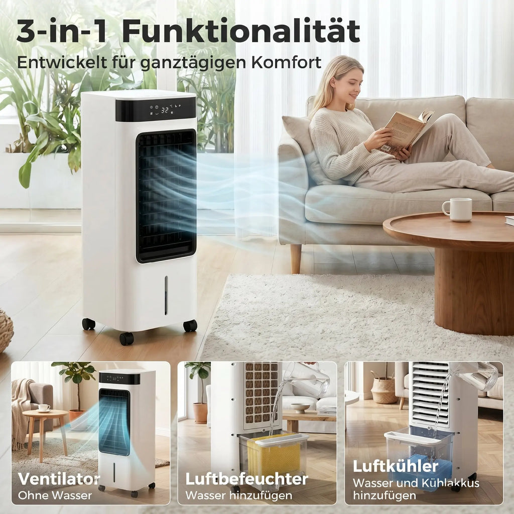 Three-in-one refrigeration, air cooler with fan, evaporative cooler and humidifier, three fan speeds, three modes, 7-liter water tank, 48° rotation function, white