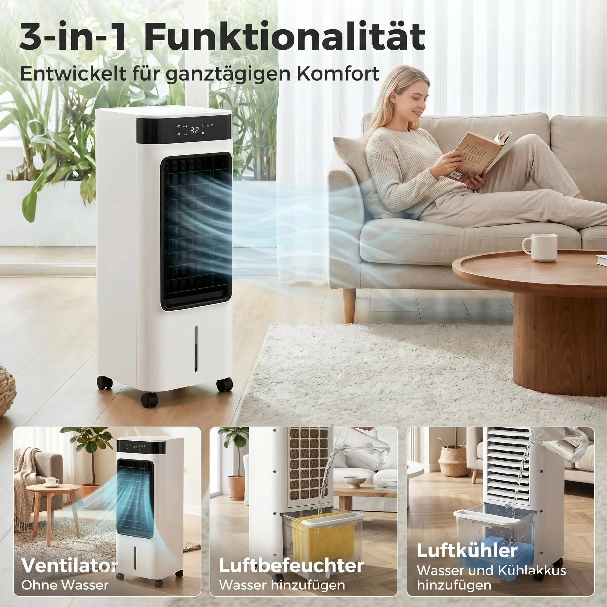 Three-in-one refrigeration, air cooler with fan, evaporative cooler and humidifier, three fan speeds, three modes, 7-liter water tank, 48° rotation function, white
