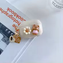 Retro Beige AirPods Case with Keychain – Bear & Cherry Design for Pro 1/2/3