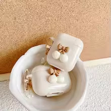 Retro Beige AirPods Case with Keychain – Bear & Cherry Design for Pro 1/2/3