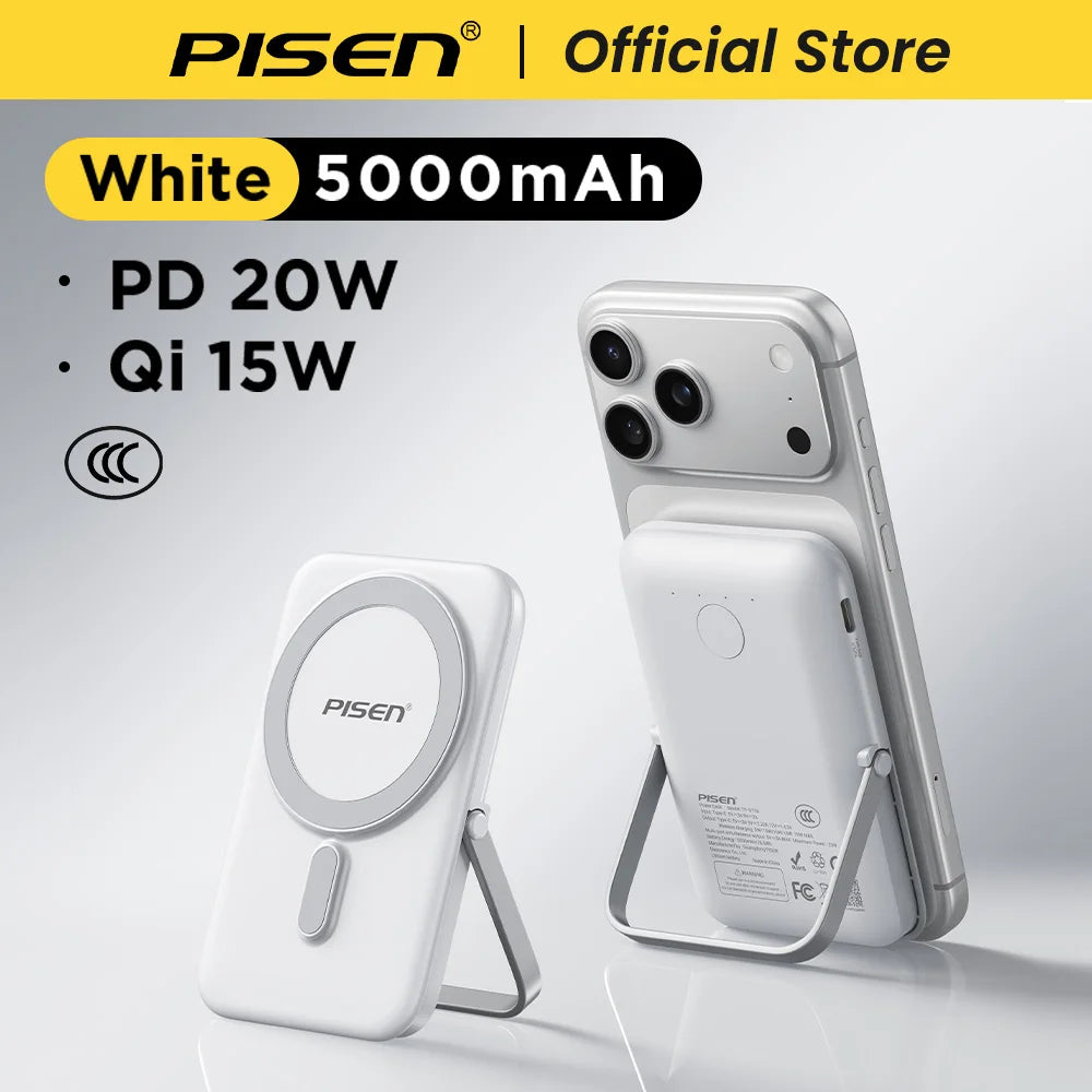 PISEN Magnetic Wireless Power Bank 5000mAh With Foldable Stand Fast Charging Portable Charger Bank For MagSafe iPhone Samsung