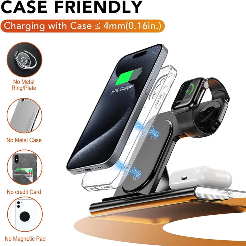 Foldable 3 In 1 Wireless Charger Stand Pad Desktop Fast Charging Station For iPhone 17 16 15 14 13 Samsung Apple Watch Airpods