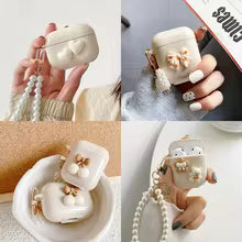 Retro Beige AirPods Case with Keychain – Bear & Cherry Design for Pro 1/2/3