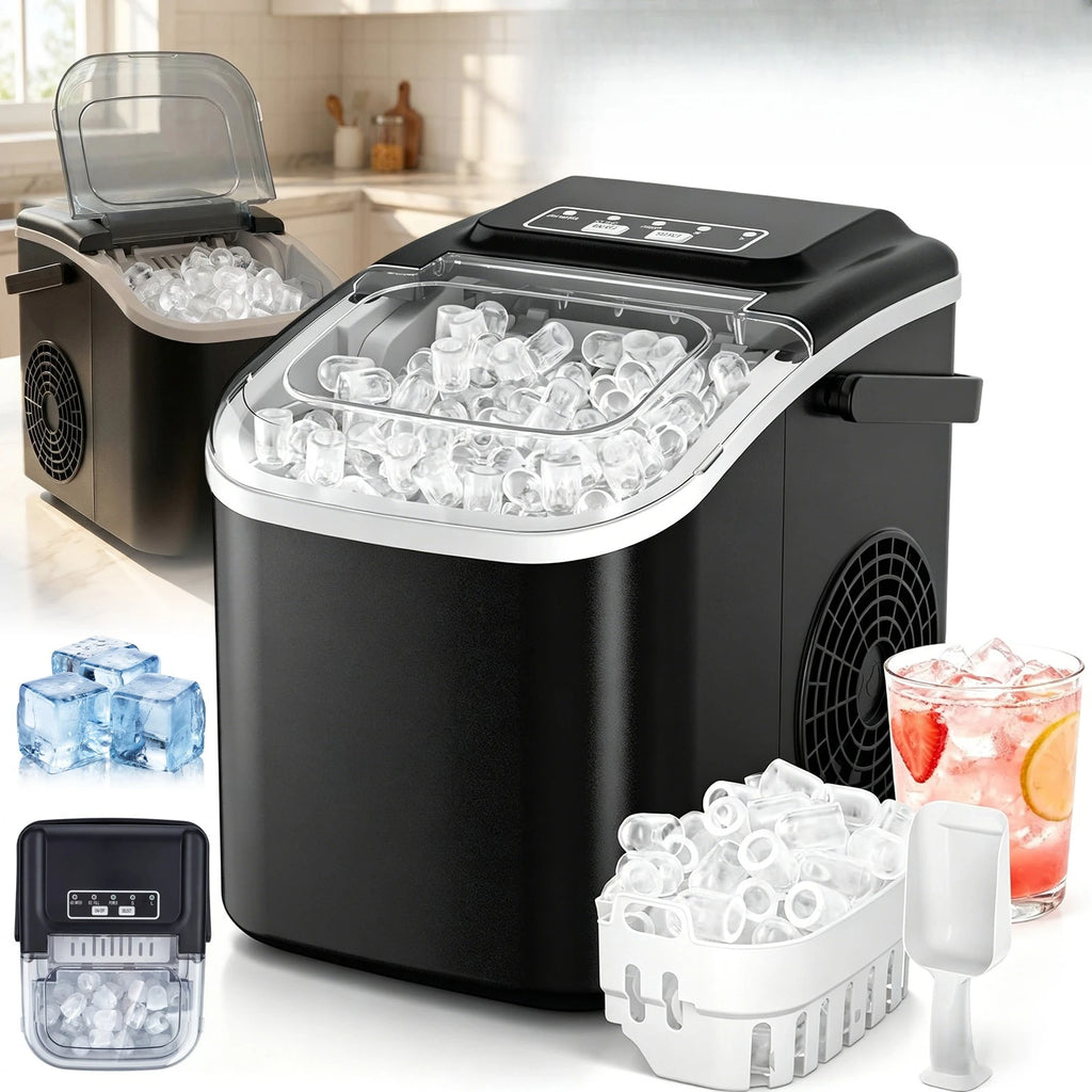 Portable Ice Maker 12kg/24h – Ice Ready in 6 Minutes with Handle