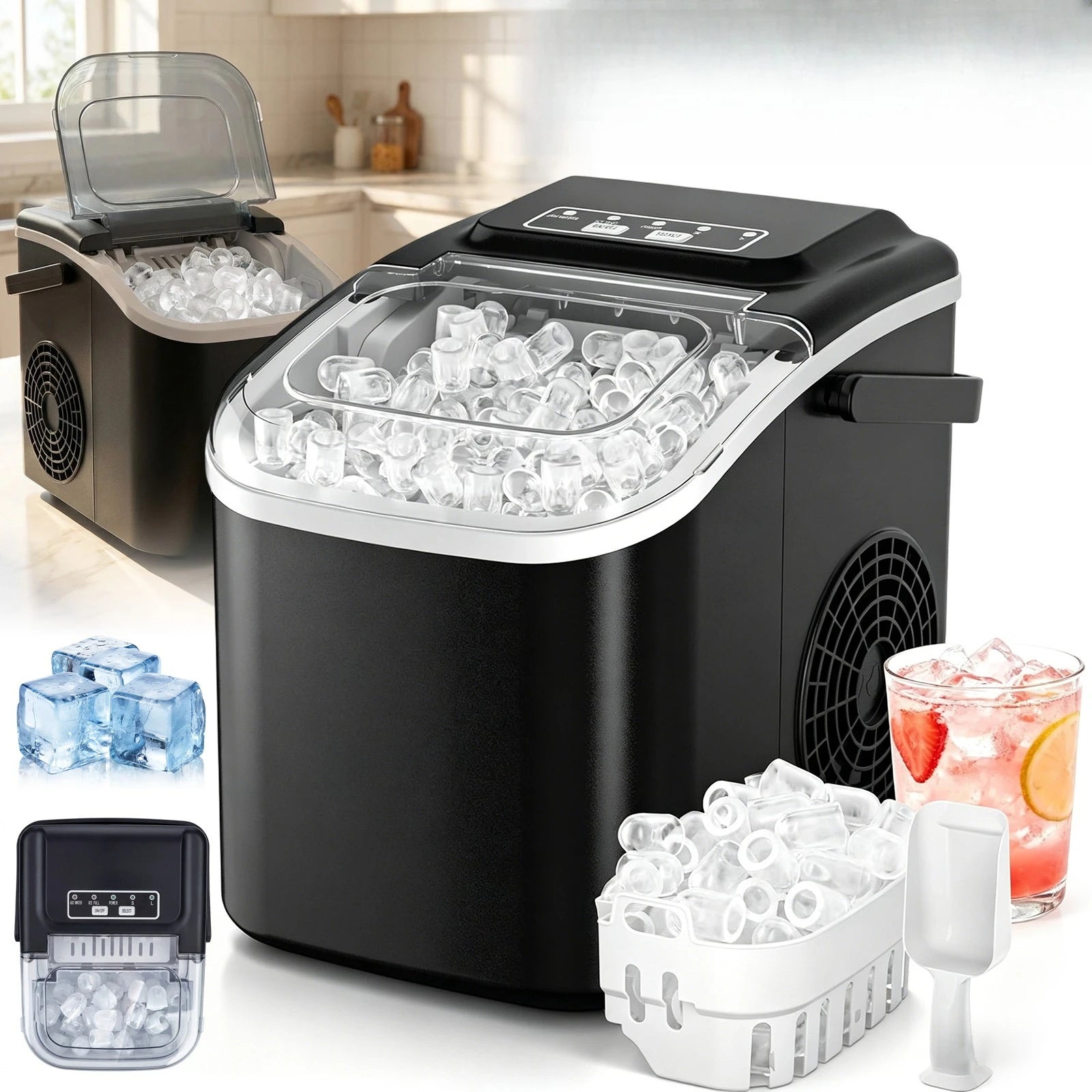 Portable Ice Maker 12kg/24h – Ice Ready in 6 Minutes with Handle