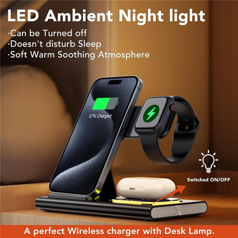 Foldable 3 In 1 Wireless Charger Stand Pad Desktop Fast Charging Station For iPhone 17 16 15 14 13 Samsung Apple Watch Airpods