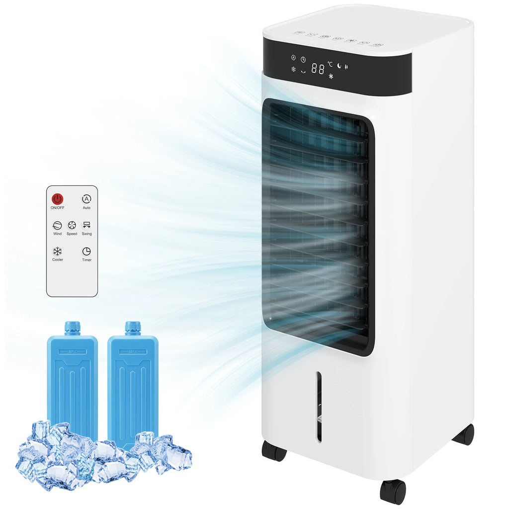 Three-in-one refrigeration, air cooler with fan, evaporative cooler and humidifier, three fan speeds, three modes, 7-liter water tank, 48° rotation function, white