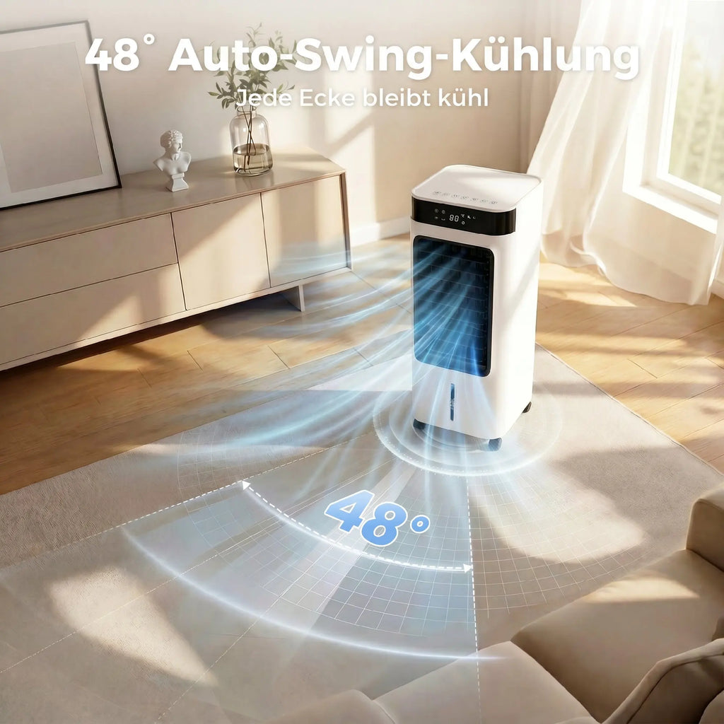 Three-in-one refrigeration, air cooler with fan, evaporative cooler and humidifier, three fan speeds, three modes, 7-liter water tank, 48° rotation function, white