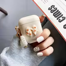 Retro Beige AirPods Case with Keychain – Bear & Cherry Design for Pro 1/2/3