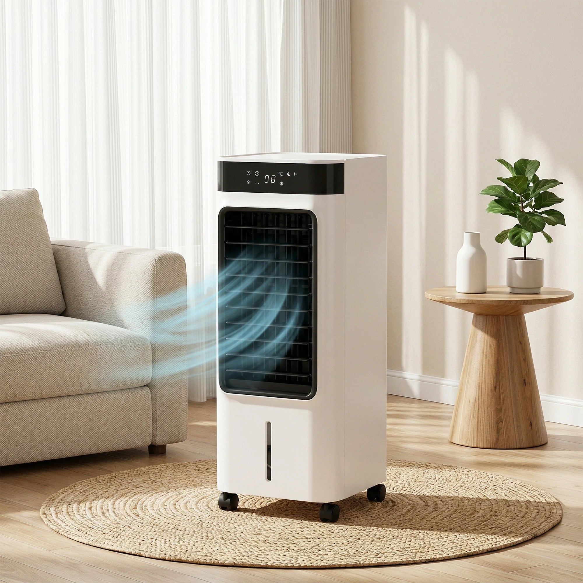Three-in-one refrigeration, air cooler with fan, evaporative cooler and humidifier, three fan speeds, three modes, 7-liter water tank, 48° rotation function, white