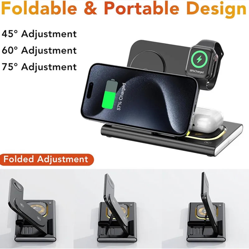 Foldable 3 In 1 Wireless Charger Stand Pad Desktop Fast Charging Station For iPhone 17 16 15 14 13 Samsung Apple Watch Airpods