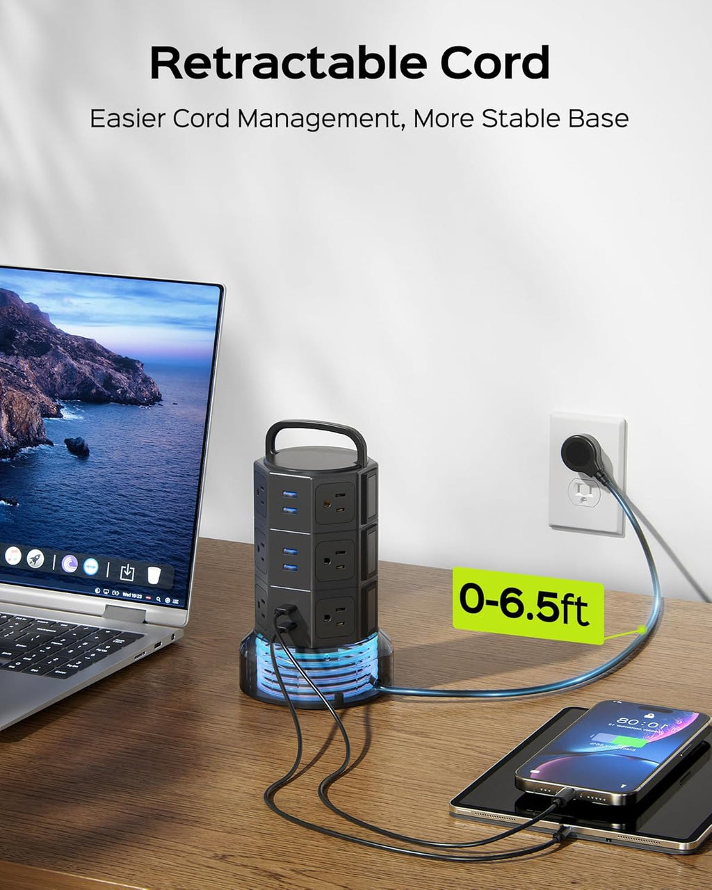 Power Strip Tower Surge Protector,  1625W 13A Outlet Surge Electric Tower, 12 Outlets 6 USB Ports Charging Station with 16AWG 6.5Ft Heavy Duty Extension Cord for Home Office Dorm Black