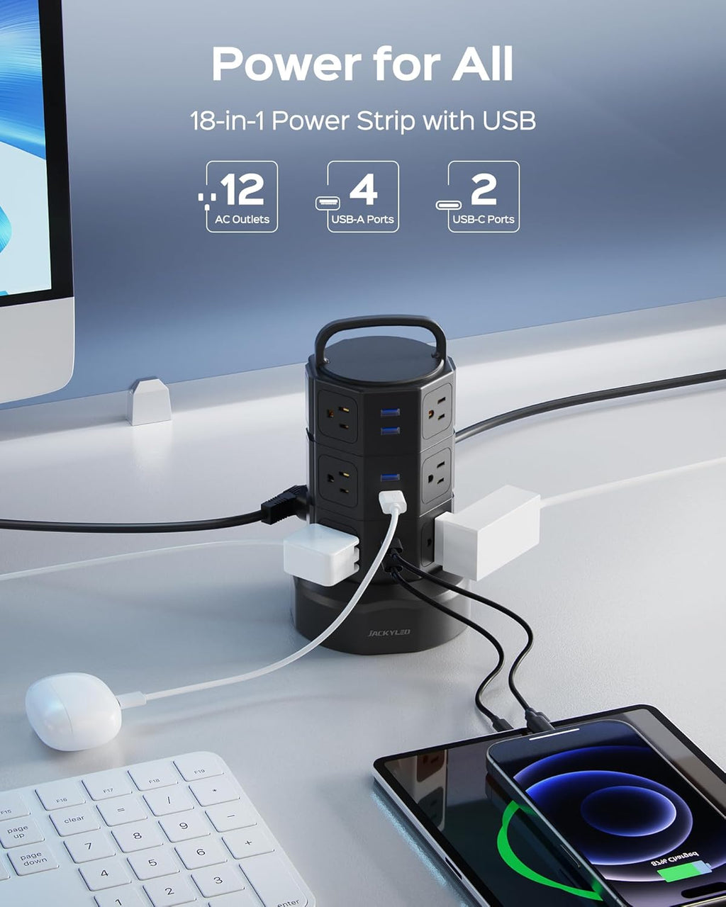 Power Strip Tower Surge Protector,  1625W 13A Outlet Surge Electric Tower, 12 Outlets 6 USB Ports Charging Station with 16AWG 6.5Ft Heavy Duty Extension Cord for Home Office Dorm Black
