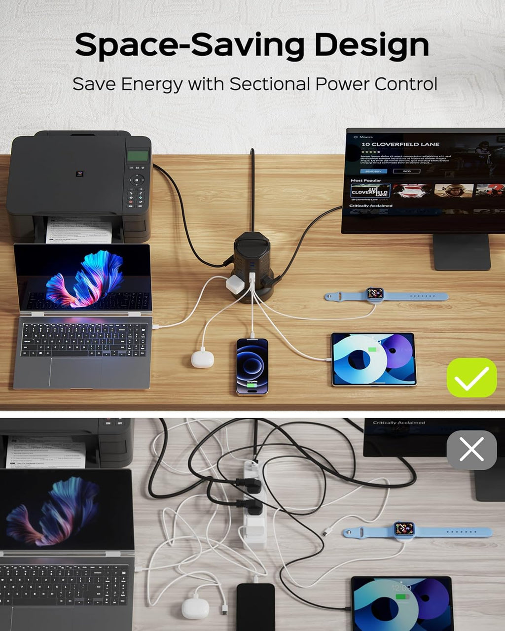 Power Strip Tower Surge Protector,  1625W 13A Outlet Surge Electric Tower, 12 Outlets 6 USB Ports Charging Station with 16AWG 6.5Ft Heavy Duty Extension Cord for Home Office Dorm Black